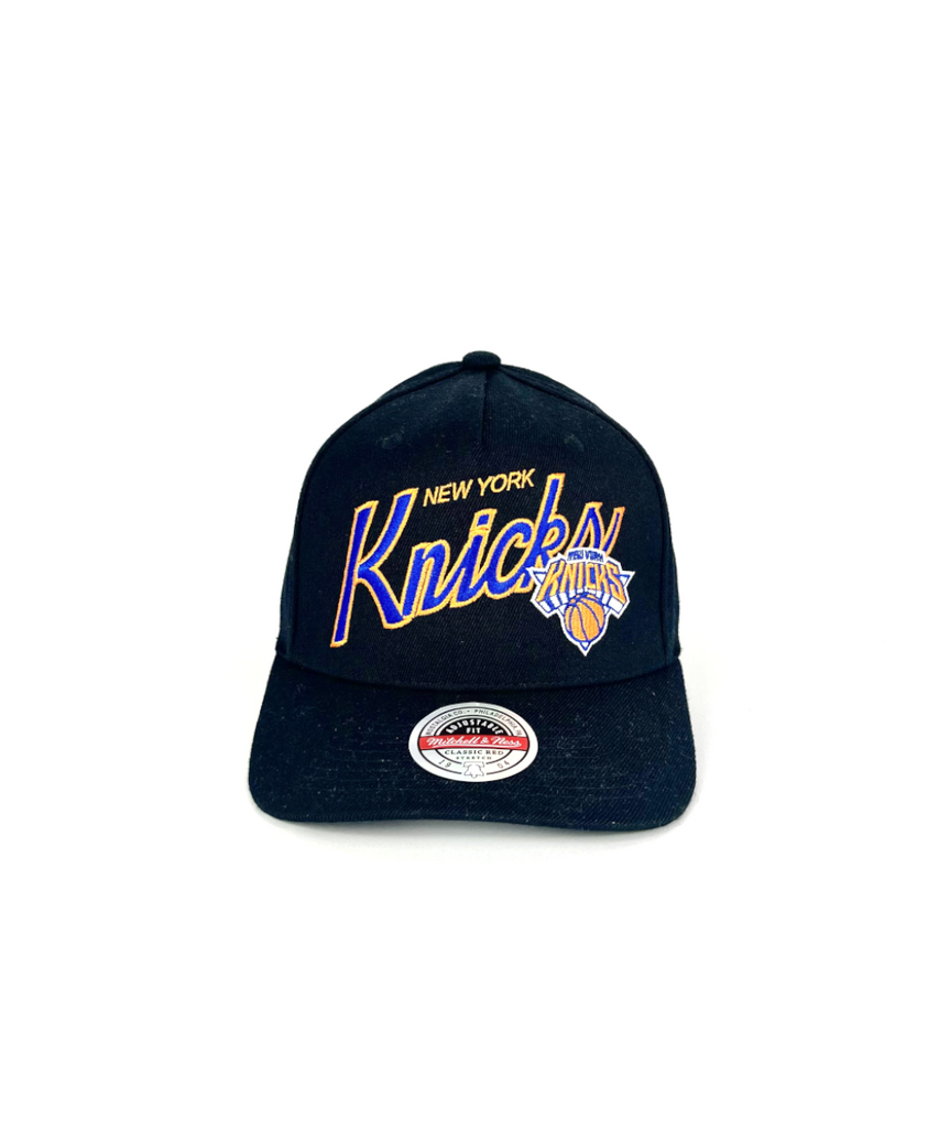 NY Knicks Classic Script Red Snapback Hat by Mitchell Ness