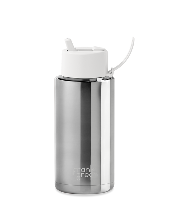 Frank Green 1L Ceramic Reusable Bottle (Chrome Silver/Cloud)