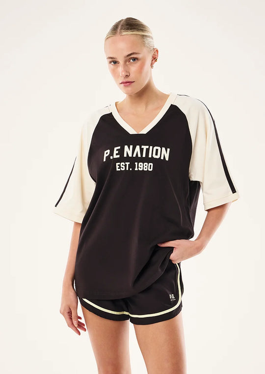 P.E Nation Spinout Baseball Tee (Black Bean/Whisper White)